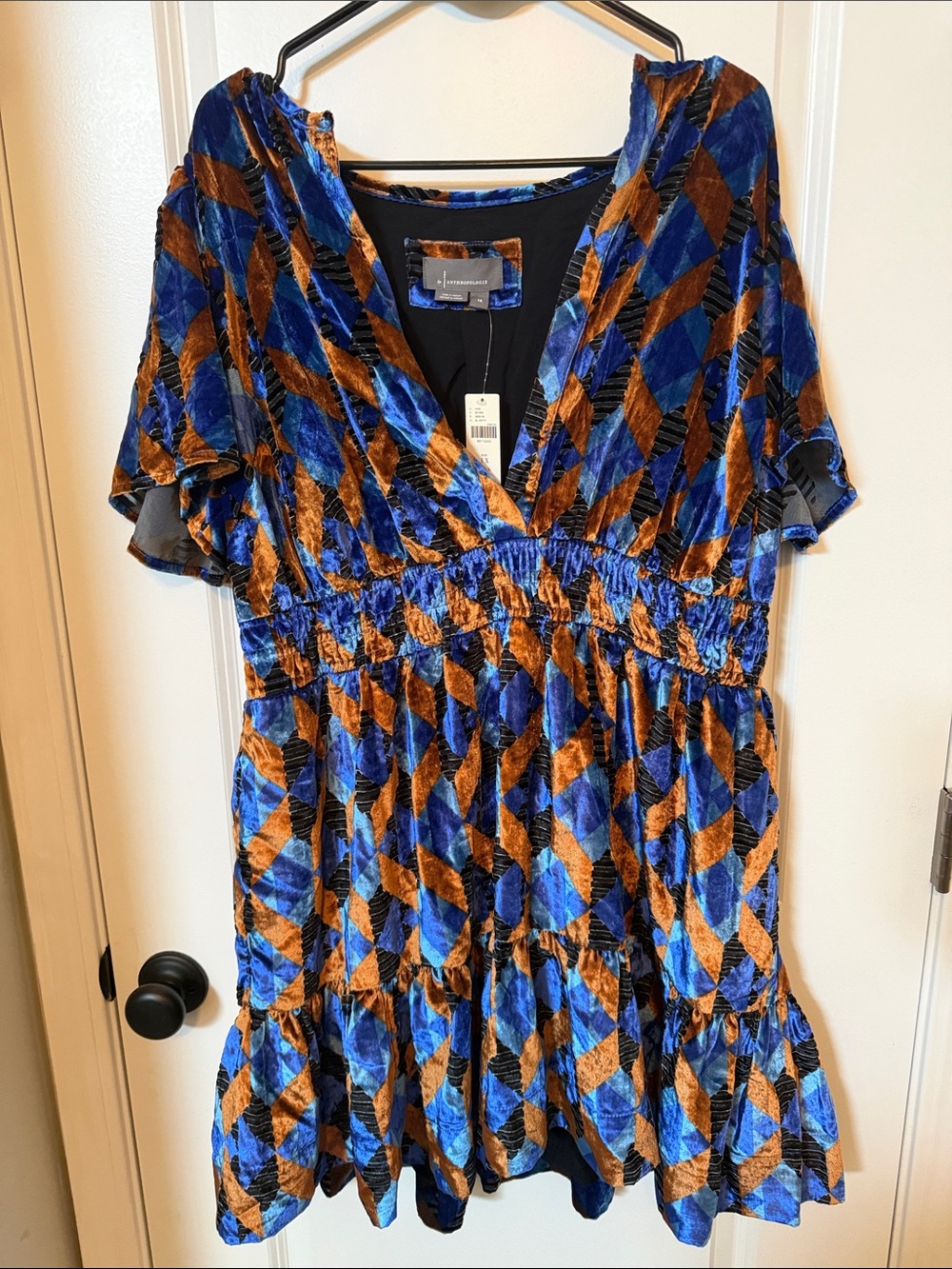 NWT- Anthropologie Blue and Brown Velvet Smocked Waist Mini Dress